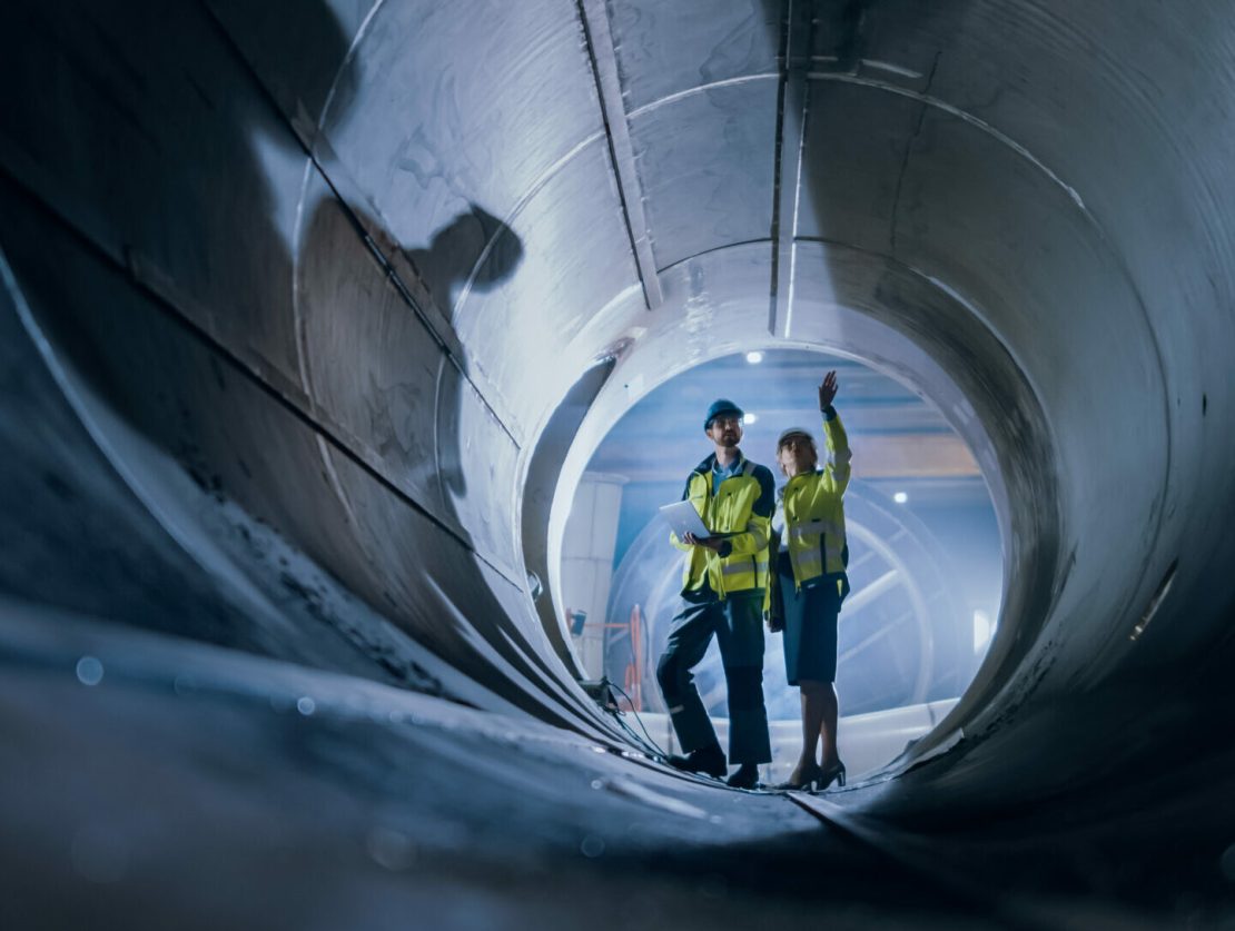 Two Heavy Industry Engineers Walking Inside Pipe, Use Laptop, Have Discussion, Checking Design. Construction of the Oil, Natural Gas and Biofuels Transport Pipeline. Industrial Manufacturing Factory