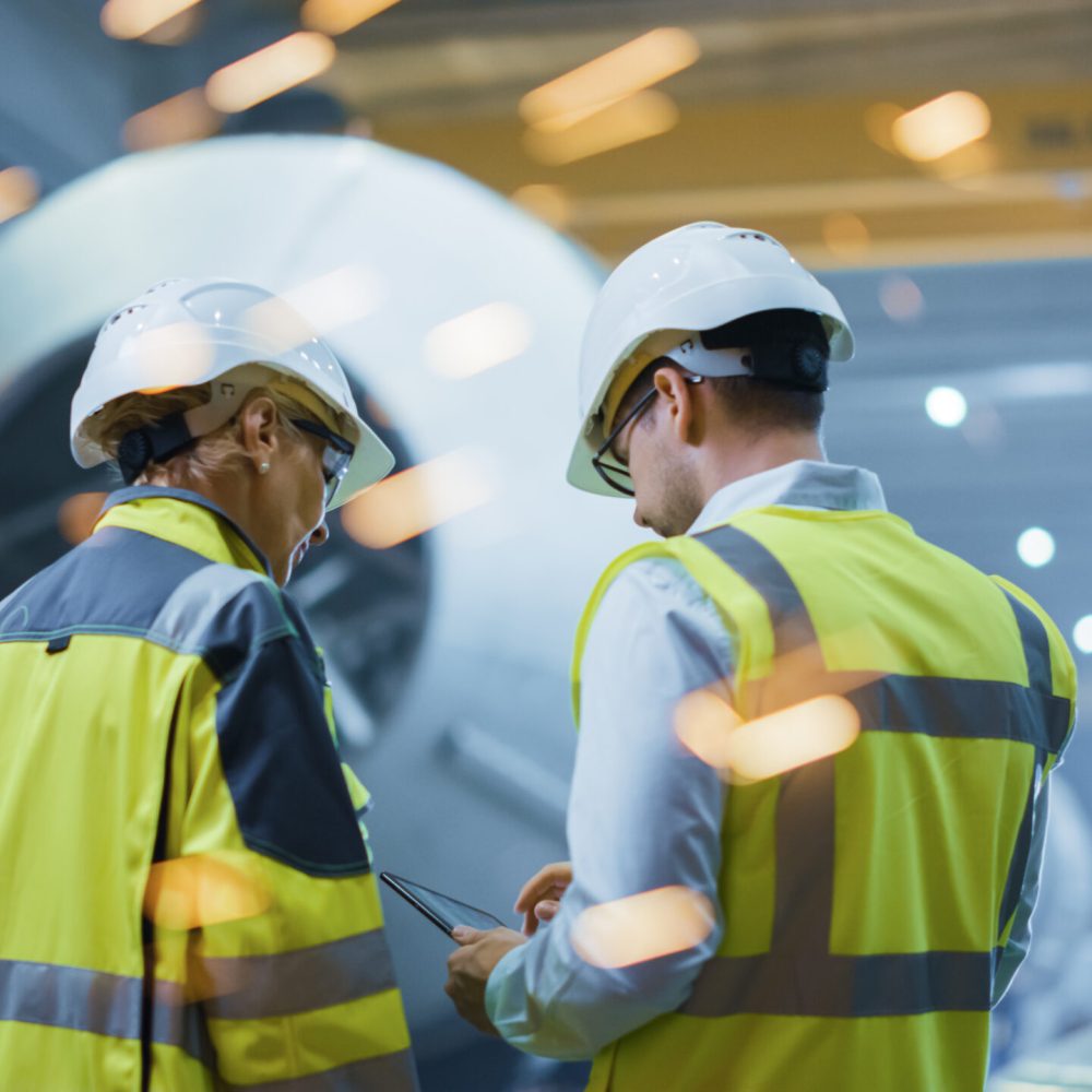 Two Heavy Industry Engineers Stand in Pipe Manufacturing Factory, Use Digital Tablet Computer, Have Discussion. Construction of Oil, Gas and Fuels Transport Pipeline. Back View Sparks Flying Two Heavy Industry Engineers Stand in Pipe Manufacturing Factory, Use Digital Tablet Computer, Have Discussion. Construction of Oil, Gas and Fuels Transport Pipeline. Back View Sparks Flying